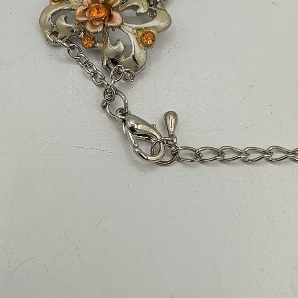 Gold And Silver Tone Enamel Butterfly Floral Link Bracelet Orange Rhinestone - Picture 8 of 16